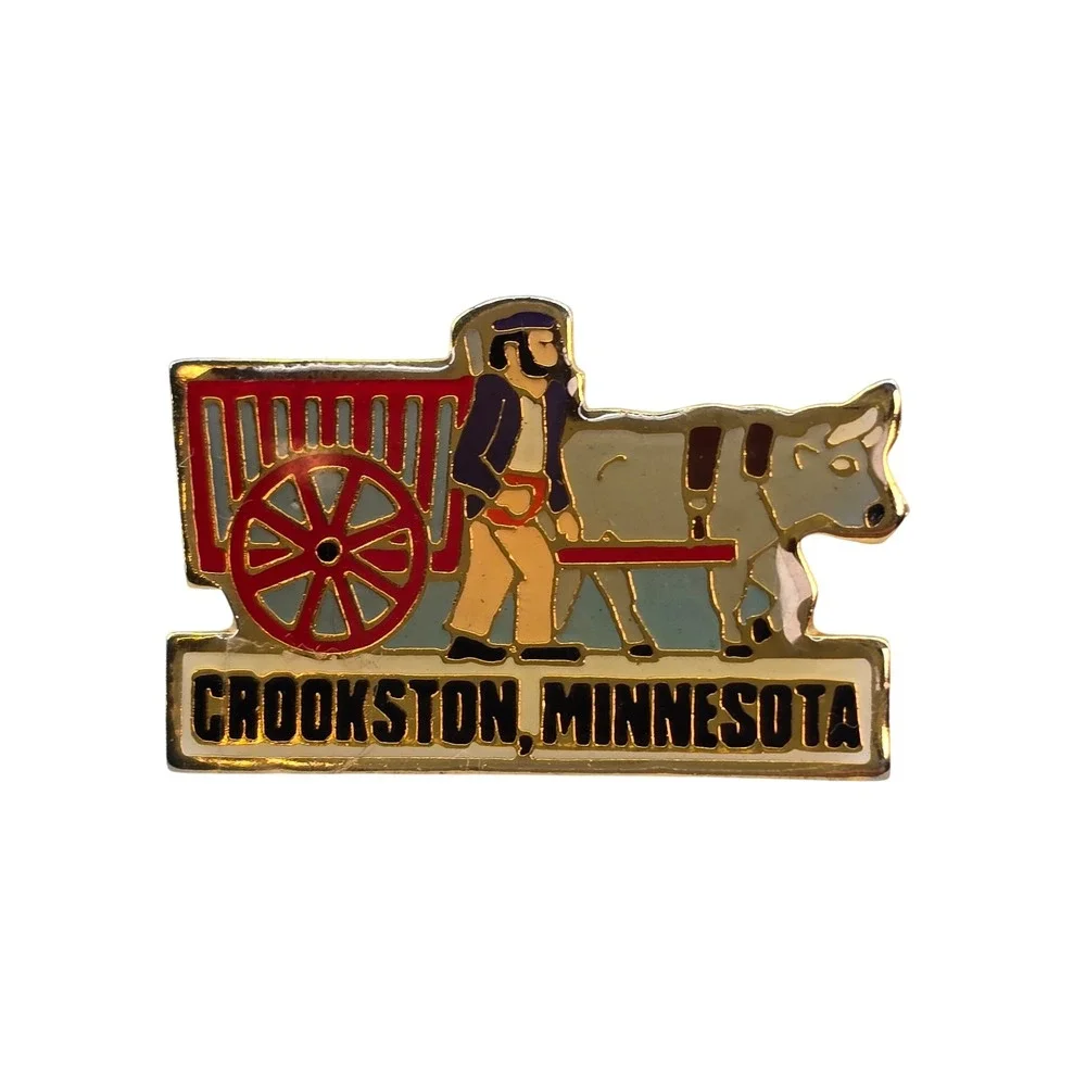 Vintage Crookston Minnesota Ox Cart Pioneer Enamel Lapel Pin Souvenir Travel